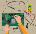 Engineer with multimeter checks motherboard