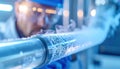 Engineer observing frost covered cryogenic pipe in high tech facility illustrating quantum cooling, superconductivity Royalty Free Stock Photo