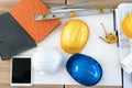 Engineer office desk background with construction project ideas Royalty Free Stock Photo