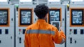 Engineer overseeing control panels in industrial plant with a tablet for optimal performance and safety standards Royalty Free Stock Photo