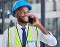 Engineer, phone call and communication while networking, contact and happy smile, conversation and talking about