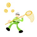 worker engineer catch man catch gold coin money dollar cartoon doodle flat design vector illustration