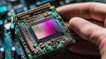 Engineer placing cpu on motherboard, working with microelectronics