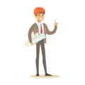 Engineer With Plans Wearing Hard Hat , Part Of Roadworks And Construction Site Series Of Vector Illustrations