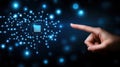 Engineer pointing at futuristic microchip and circuitry