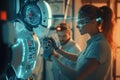 Engineer programming humanoid in futuristic technology lab with robotic equipment. Developers coding about AI Royalty Free Stock Photo
