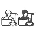 Engineer with projects and traffic cone line and solid icon, making road concept. Vector graphics. Builder man with Royalty Free Stock Photo