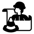Engineer with projects and traffic cone solid icon, making road concept. Vector graphics. Builder man with project plan Royalty Free Stock Photo