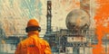 An engineer in protective gear is standing in front of an oil refinery AIGZ01 Royalty Free Stock Photo
