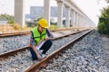 Engineer railway tracks construction service team working on site survey checking and maintenance inspection train track for Royalty Free Stock Photo