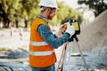 Engineer in reflective vest and white helmet using geodetic equipment Royalty Free Stock Photo