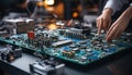 Engineer repairing computer chip, skillfully soldering electrical components indoors generated by AI