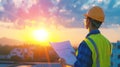 Engineer Reviewing Plans at Sunrise Construction Site Royalty Free Stock Photo