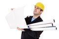Engineer with rolls of paper in hand studies Royalty Free Stock Photo