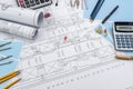 Engineer`s drawing with different tools top view. Technical concept Royalty Free Stock Photo