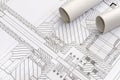 Engineer`s drawing with rolls blueprint close up Royalty Free Stock Photo
