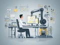 An engineer, seated at a desk in an industrial setting with a robotic arm, monitors complex data on two computer screens The scene Royalty Free Stock Photo