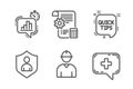 Engineer, Security and Settings blueprint icons set. Statistics timer, Quick tips and Medical chat signs. Vector