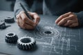Engineer sketches detailed gearbox blueprint on workspace with mechanical components Royalty Free Stock Photo