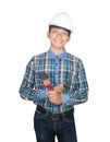 Engineer smile with hand holding Triangle trowel and paint brush wear white safety helmet plastic on white background