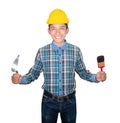 Engineer smile with hand holding Triangle trowel and paint brush wear yellow safety helmet plastic on white background