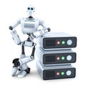 Engineer with stack of servers. Isolated. Contains clipping path Royalty Free Stock Photo