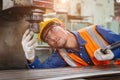 Engineer staff worker setup check condition drill head of CNC machine for safety in metal industry workplace Royalty Free Stock Photo