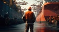 Engineer standing in front of cargo ship at trade port background, industrial, logistics, Shipping concept