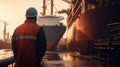 Engineer standing in front of cargo ship at trade port background, industrial, logistics, Shipping concept