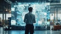 Engineer standing in front of a large digital display screen and using a digital tablet to manage global logistics with
