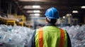 Engineer Standing and looking back The plastic bottle in the recycling industry. Neural network ai generated Royalty Free Stock Photo