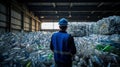 Engineer Standing and looking back The plastic bottle in the recycling industry. Neural network ai generated Royalty Free Stock Photo