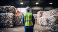 Engineer Standing and looking back The plastic bottle in the recycling industry. Neural network ai generated Royalty Free Stock Photo