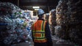 Engineer Standing and looking back The plastic bottle in the recycling industry. Neural network ai generated Royalty Free Stock Photo