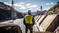 An engineer stands in front of a dam Royalty Free Stock Photo