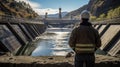 An engineer stands in front of a dam Royalty Free Stock Photo