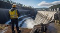 An engineer stands in front of a dam Royalty Free Stock Photo
