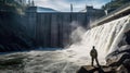 An engineer stands in front of a dam Royalty Free Stock Photo