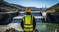 An engineer stands in front of a dam Royalty Free Stock Photo