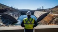 An engineer stands in front of a dam Royalty Free Stock Photo