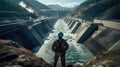 An engineer stands in front of a dam Royalty Free Stock Photo