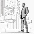 Engineer Stoic looking at blueprint design of modern office building. architects and designers drawing. Royalty Free Stock Photo