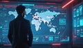 Engineer studies complex digital display, global map with data points. Futuristic interface shows information analysis, system Royalty Free Stock Photo