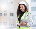 Engineer, tablet and portrait of a woman outdoor for construction, development or planning. Happy technician person with