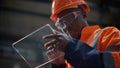 Engineer tapping transparent tablet at modern facility closeup. Hightech concept