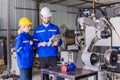Engineer team man and woman working together training help support work with robot welding machine service Royalty Free Stock Photo