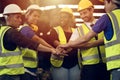 Engineer Teamwork Concept,Worker team join hands together in factory. People joining for cooperation success business of