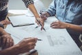 Engineer Teamwork Meeting, Drawing working on blueprint meeting for project working with partner on model building and engineering Royalty Free Stock Photo