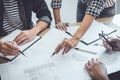 Engineer Teamwork Meeting, Drawing working on blueprint meeting for project working with partner on model building and engineering Royalty Free Stock Photo