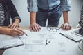 Engineer Teamwork Meeting, Drawing working on blueprint meeting for project working with partner on model building and engineering Royalty Free Stock Photo